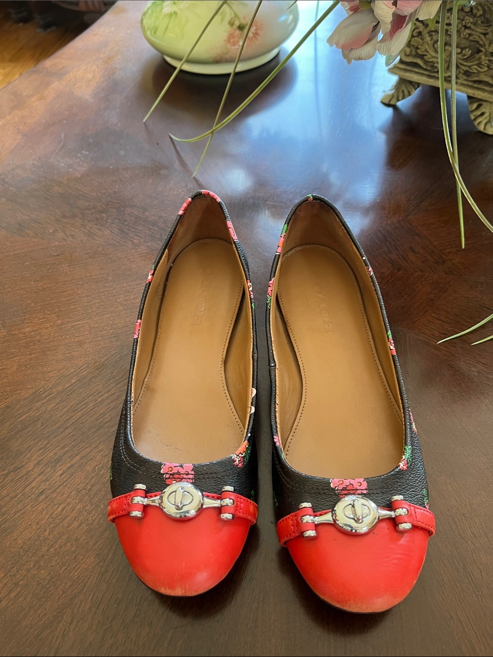 Coach Red Cap-Toe Floral Trim Ballet Flats